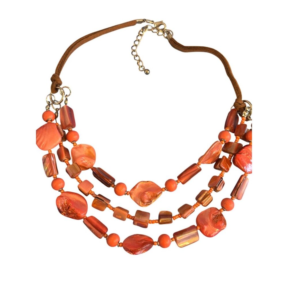 Vintage Peach Coral Dyed Shell Beads Necklace Leather Cord Silver Tone Adj 18"